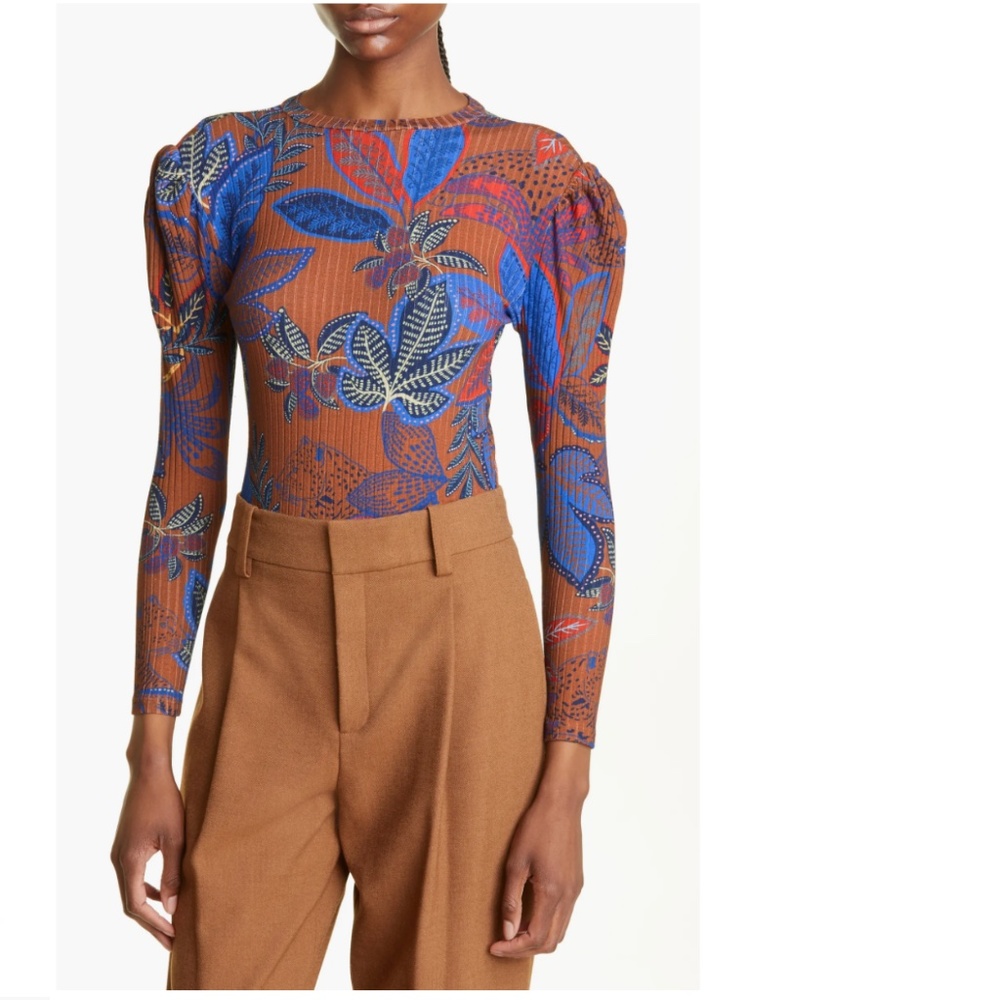 NWT $130 FARM Rio Rib Jungle Foliage Long Sleeve Stretch Organic Cotton Bodysuit